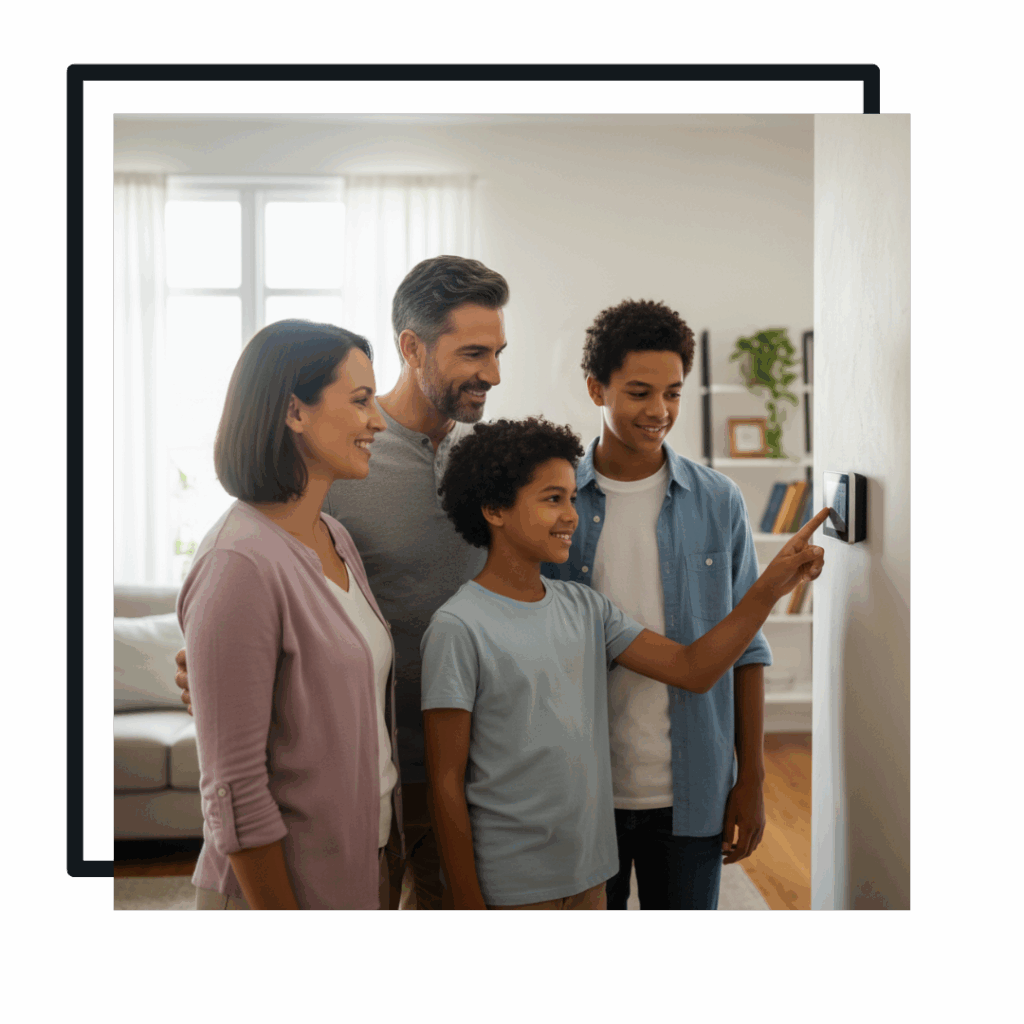 family smiling at thermostat on wall